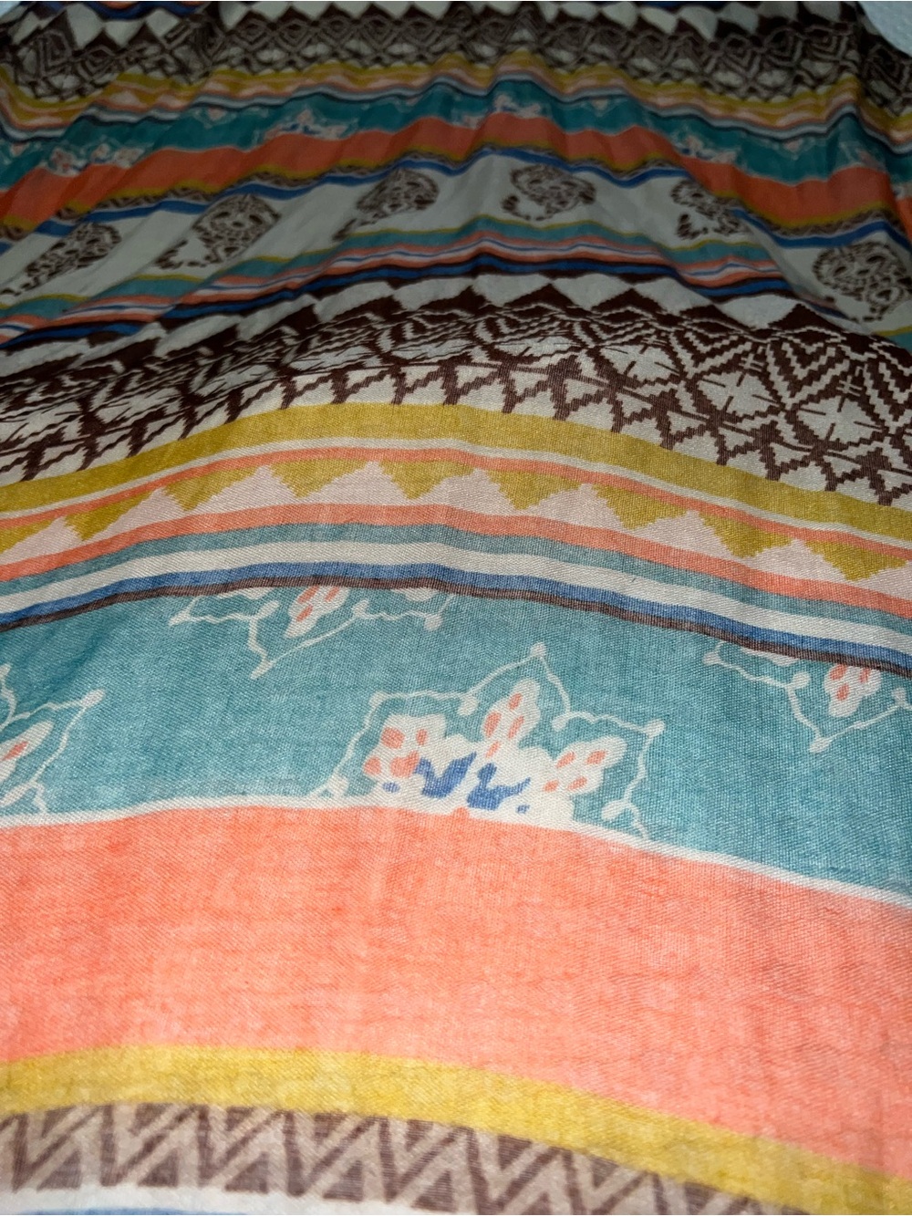 Western print semi sheer scarf - Coral, Teal & Brown 72”x35”